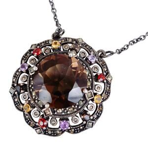 Vintage Boho 925 Silver Pendant Necklace w/ Smoky Quartz & Gemstones, 1990s